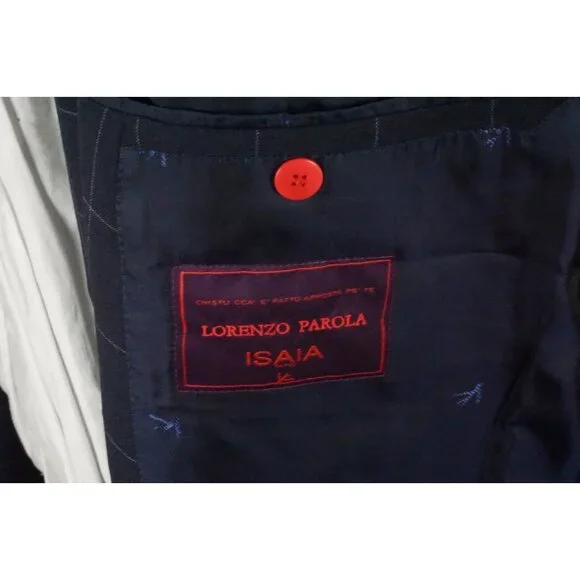 Isaia Napoli 130s Ply Wool Navy Blue Windowpane Sport Coat Jacket 56R NEW